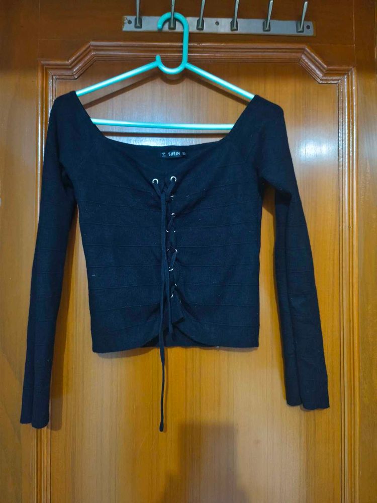 Black Lace-Up Long Sleeve Top