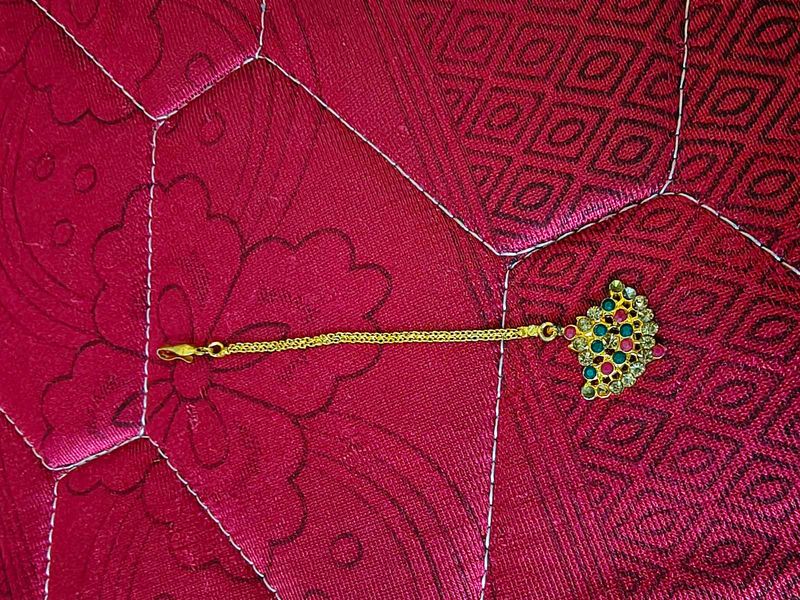 Gold Maang Tikka with Colorful Stones