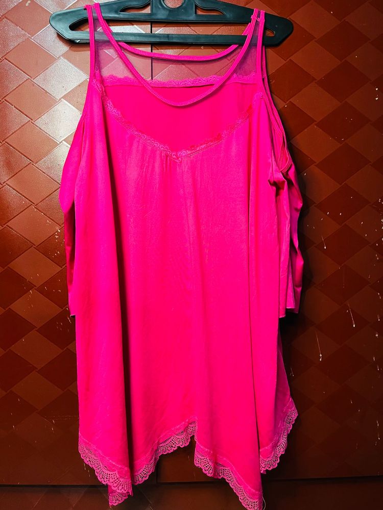 Vibrant Pink Cold Shoulder Top with Lace Trim