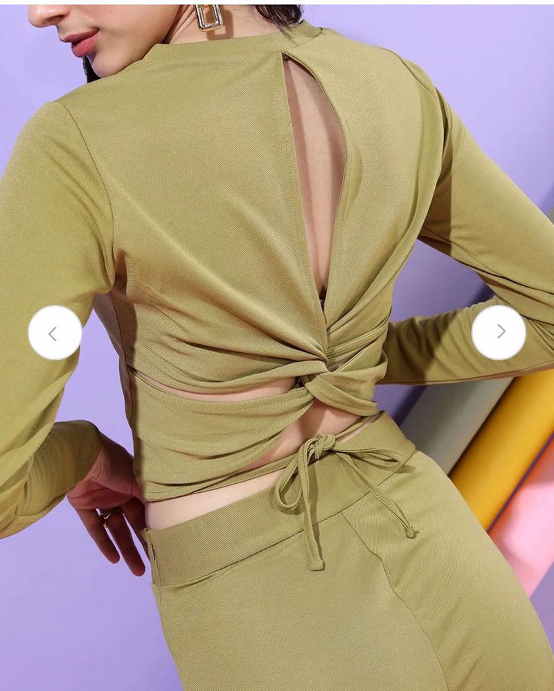 Olive Green Cut-out Tie-up Top n Pants co ord set