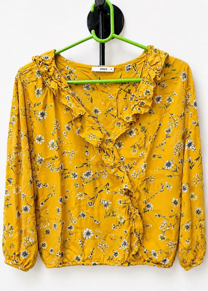Yellow Floral Ruffle Wrap Top
