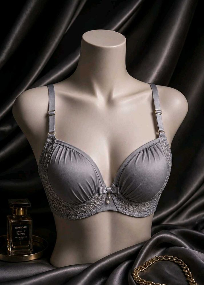 New Elegant Grey Lace Trim Bra