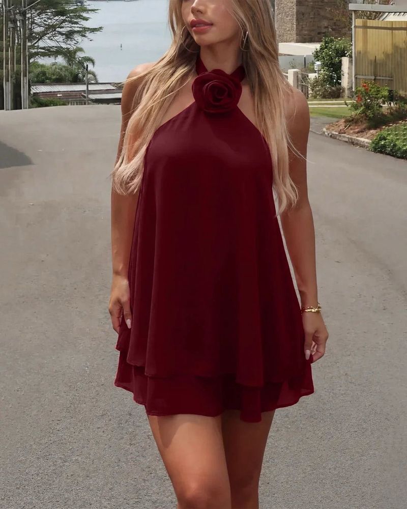 Chic Burgundy Halter Dress with Rose Detail
