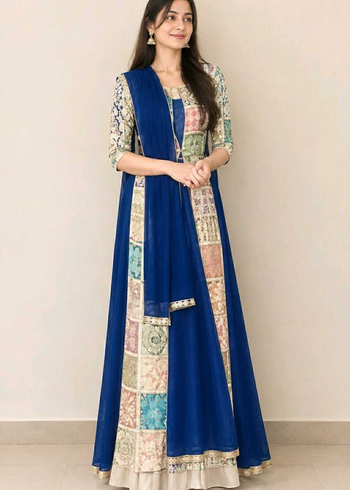 Stunning Blue Patchwork Ethnic Gown