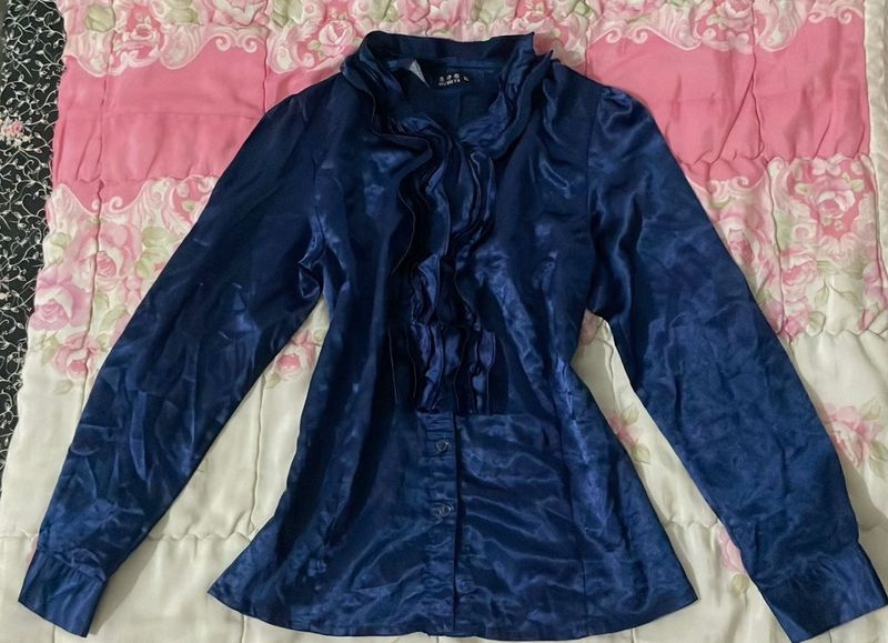 Elegant Navy Blue Ruffle Shirt