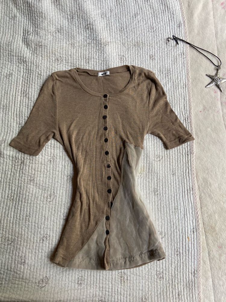 Unique Button-Up Sheer Panel Top