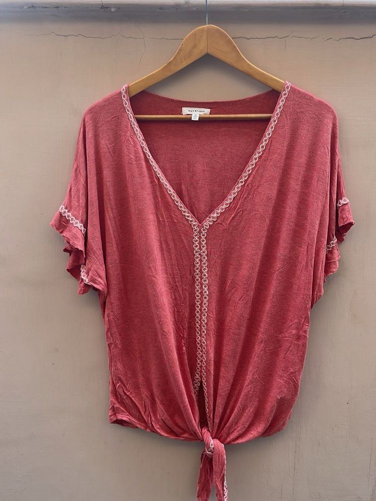 Women's Pink Lace Trim Tie-Front Top