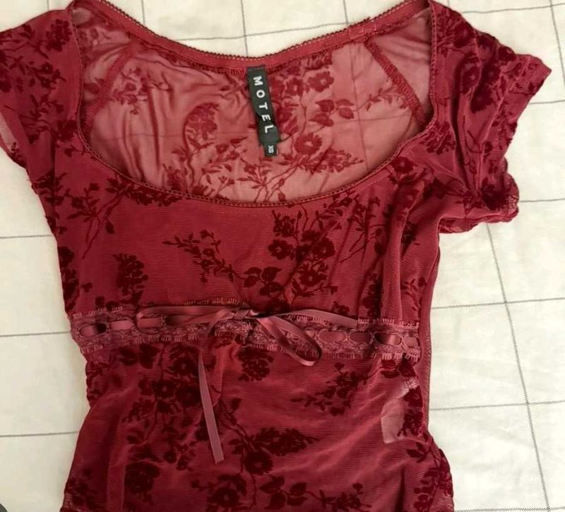 Burgundy Floral Mesh Top