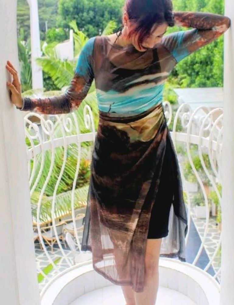 Artistic Scenic Print Mesh Top