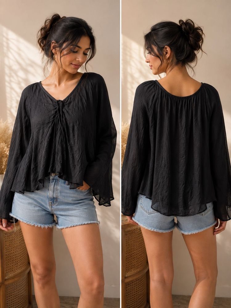 Chic Black Textured Long Sleeve Top