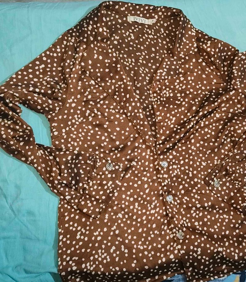 Chic Brown Polka Dot Button-Up Shirt