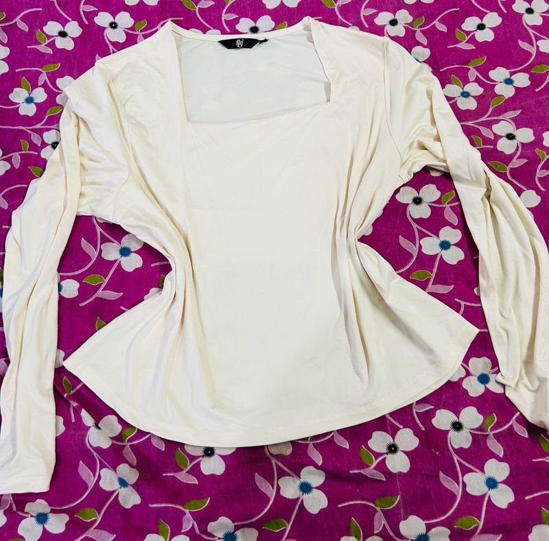 Cream Square Neck Long Sleeve Top
