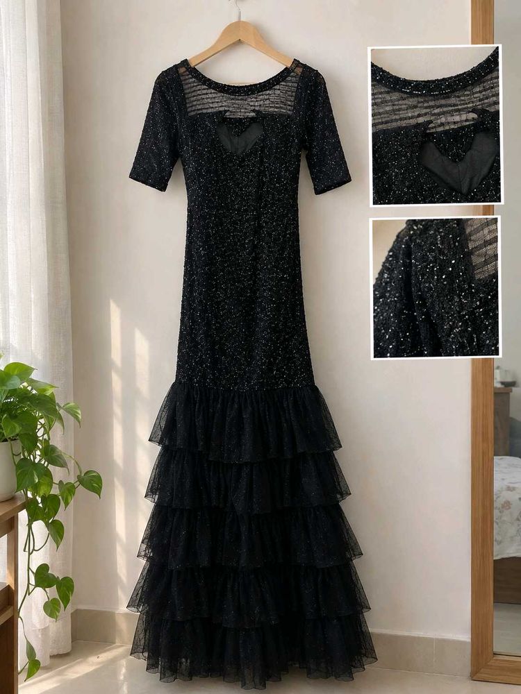Elegant Black Glitter Party Wear Dress with Layere