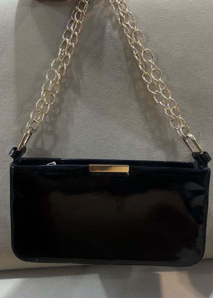 Chic Black Patent Clutch with Gold Chain