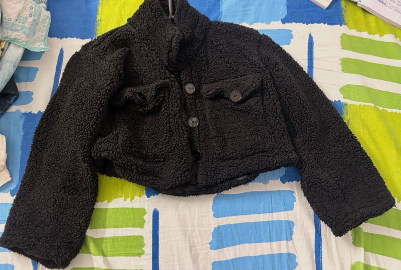 Cozy Black Teddy Cropped Jacket