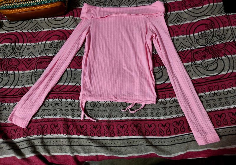 Pink Off-Shoulder Ribbed Top