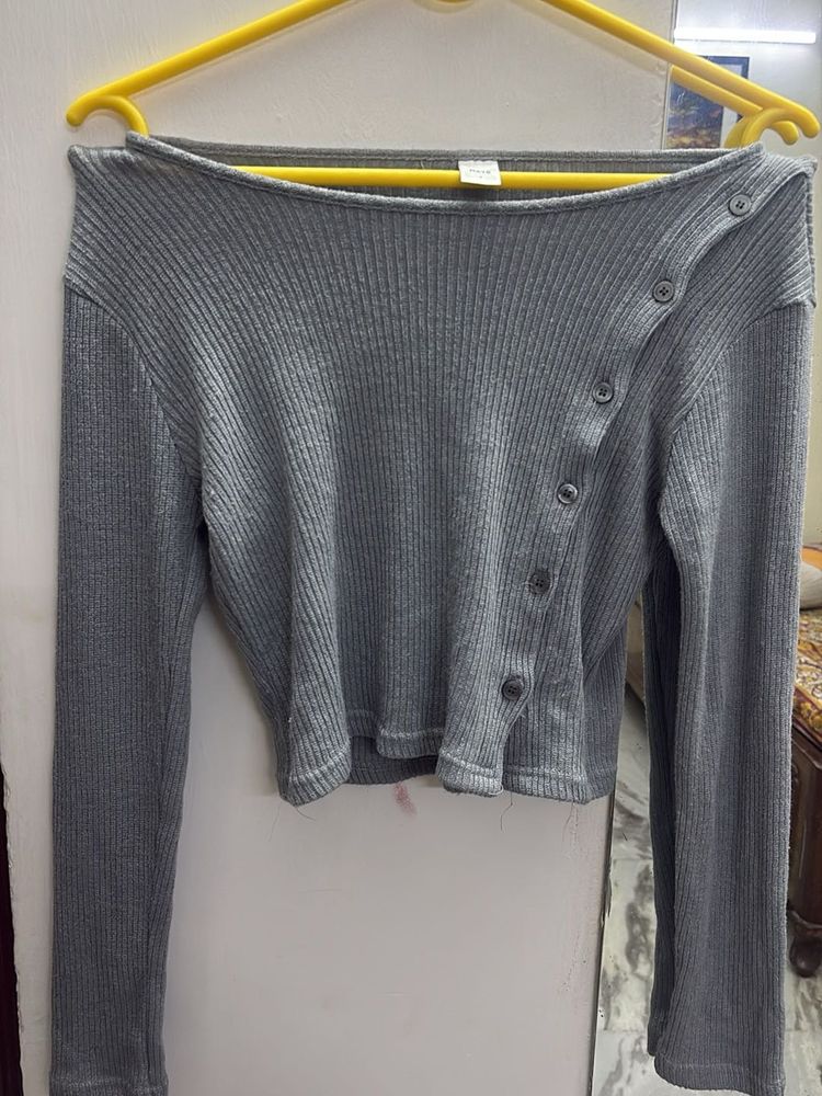 Grey Ribbed Button-Up Long Sleeve Top