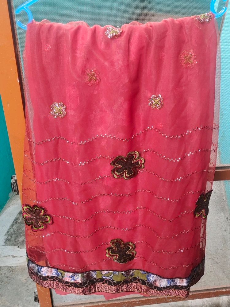 Brick Red Designer Partly Pallu Saree