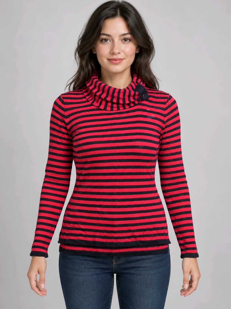 Striped Turtleneck Top with Button Detail
