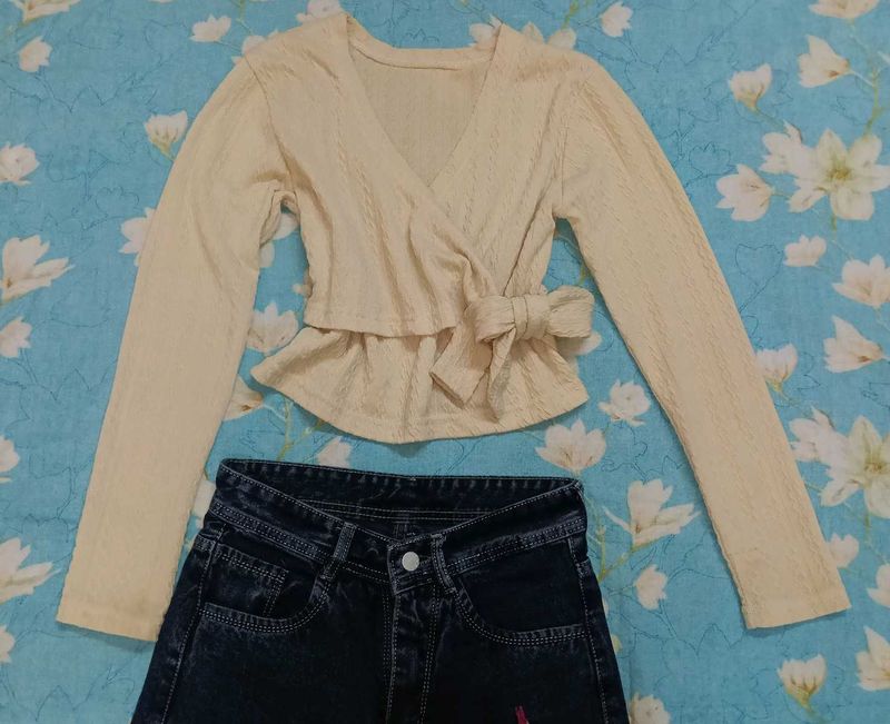 Cream Wrap Style Long Sleeve Top