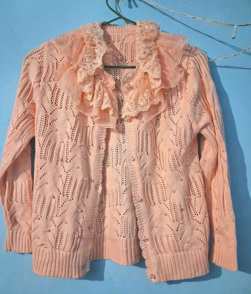 Chic Pink Pearl Embellished Cardigan