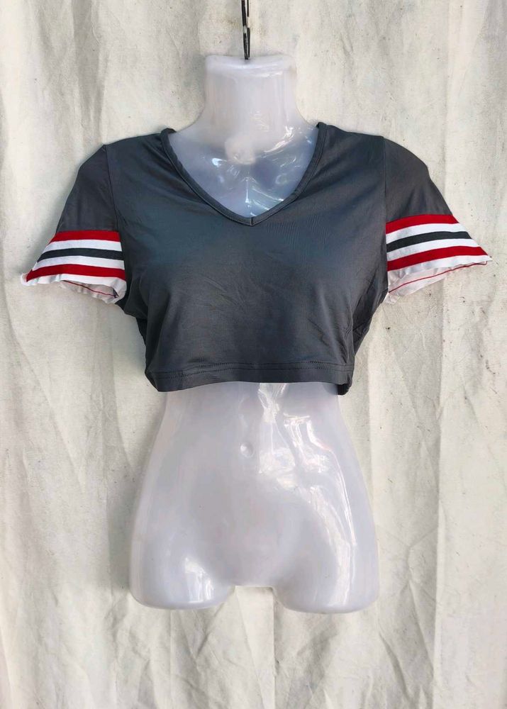 Grey Cropped V-Neck Top with Striped Sleeves