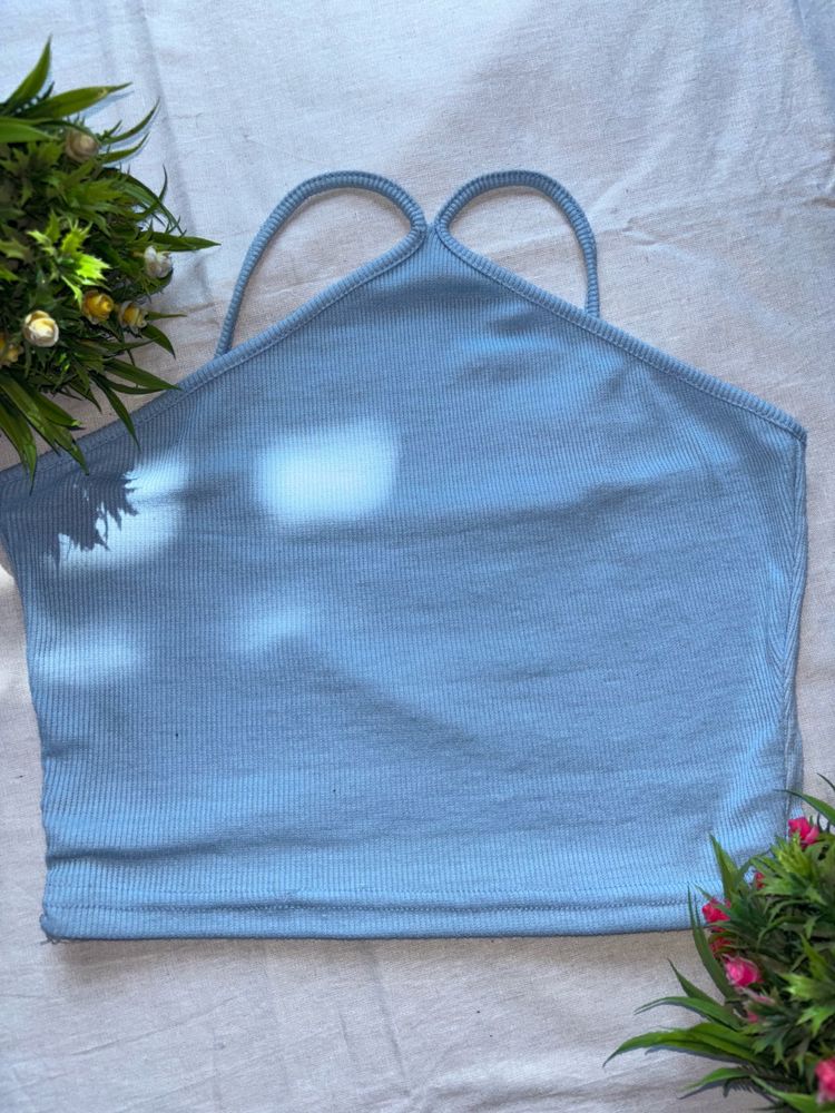 Light Blue Ribbed Halter Neck Crop Top