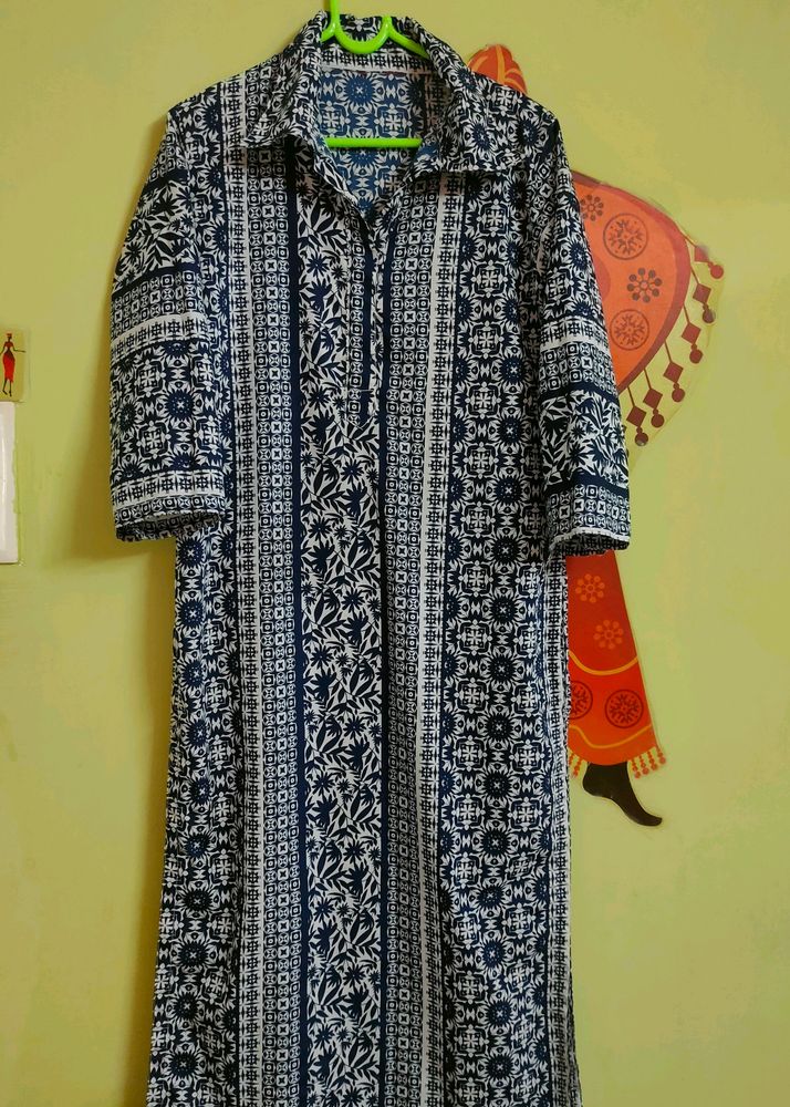 Women Blue Tribal Printed Collared Kurti