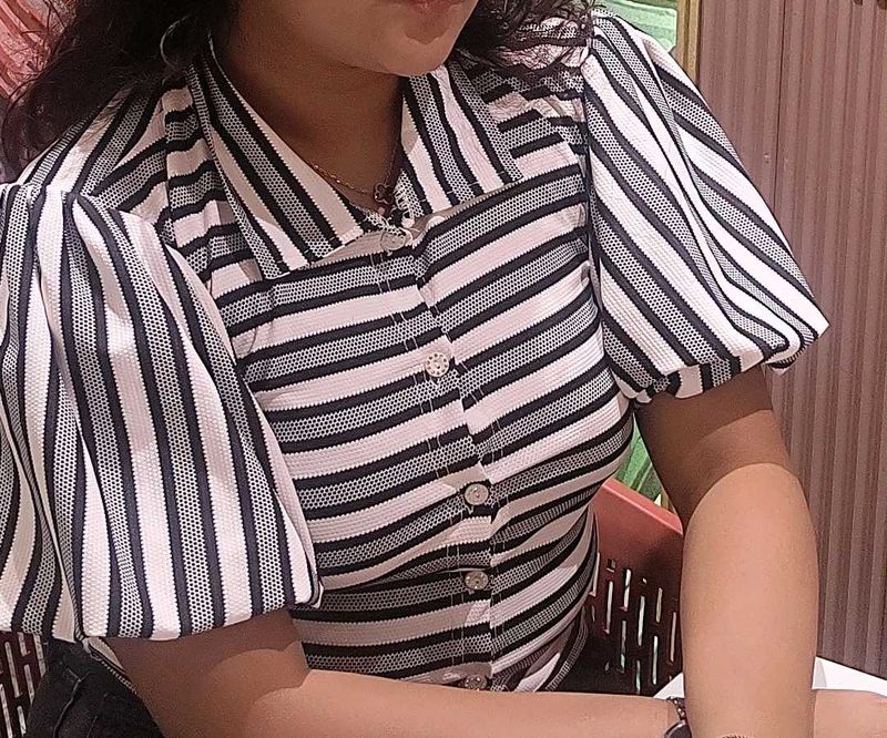 Blue and White Puff Sleeve Top