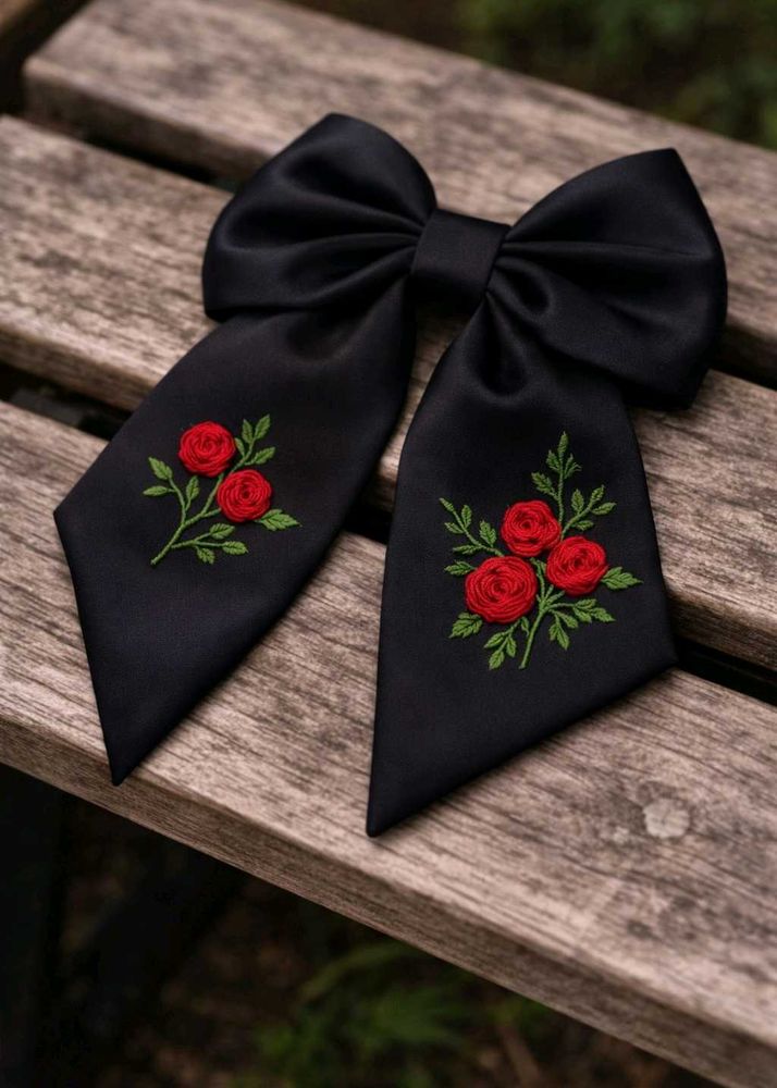 Black Bow with Rose Embroidery (1 ps)