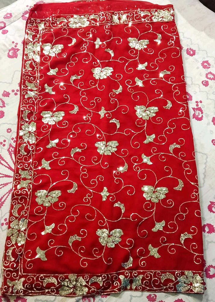 Red Saree with Silver Embroidery