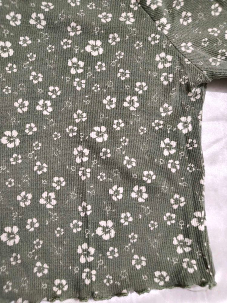 Green Floral Ribbed Cropped Top