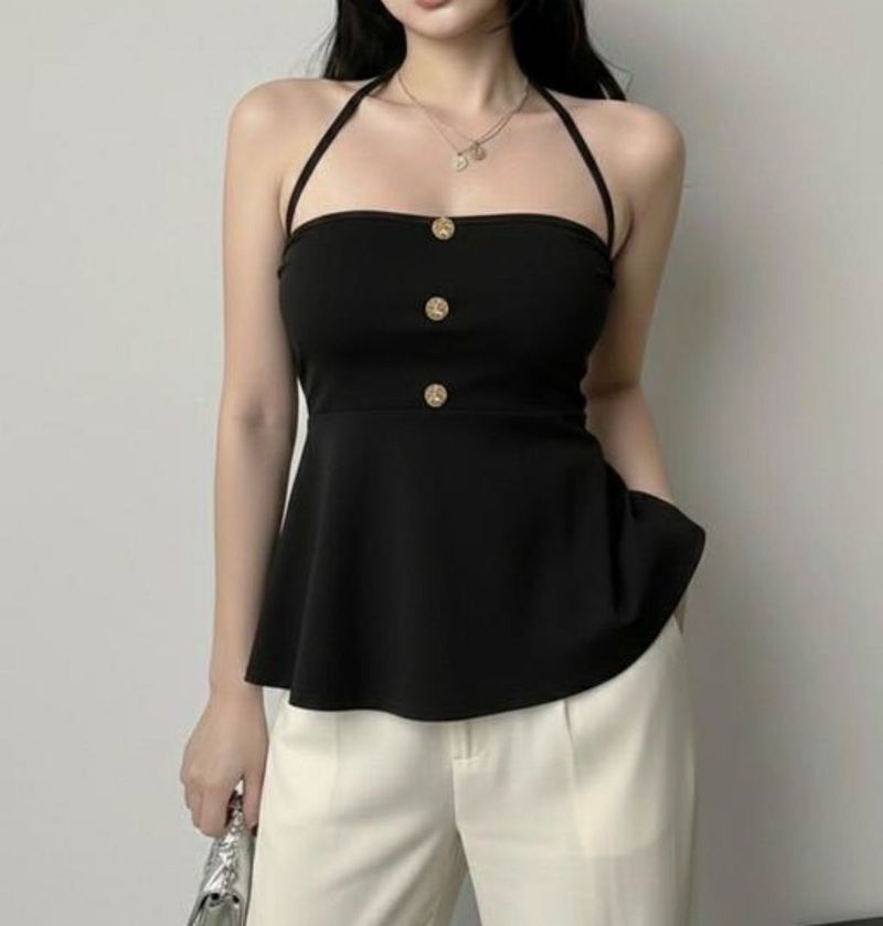 Chic Black Halter Neck Peplum Top
