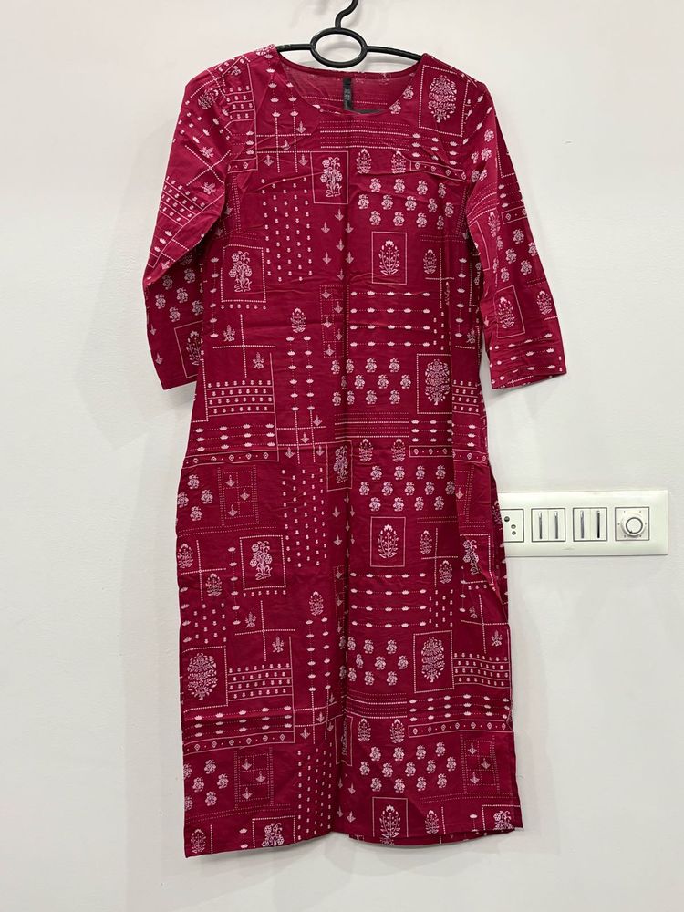 Maroon Block Printed Straight Fit Kurta