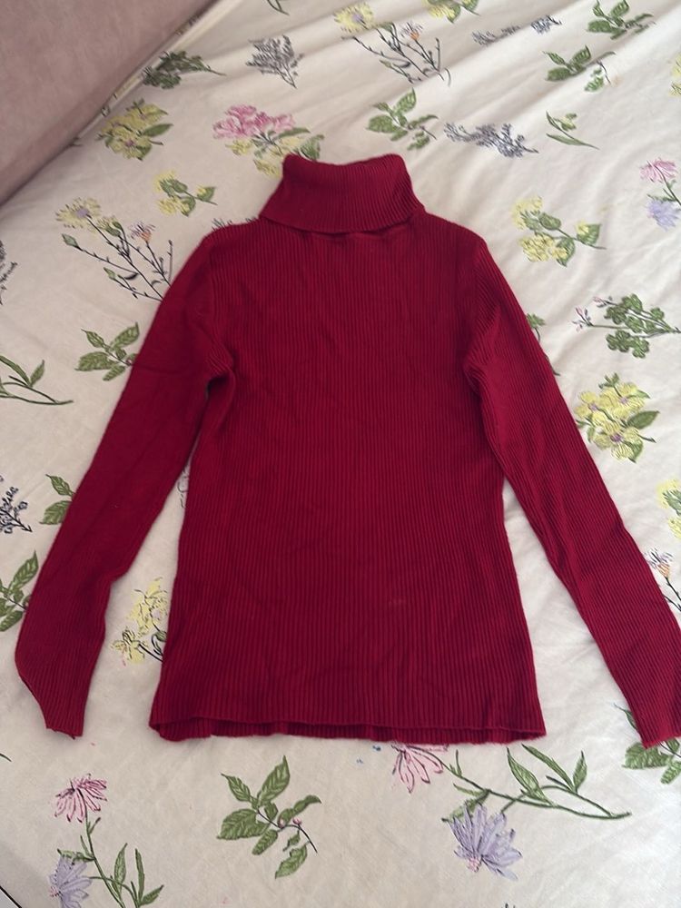 Classic Red Ribbed Turtleneck Sweater