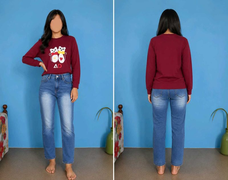 Maroon Crew Neck t-shirt with cute graphic +jeans
