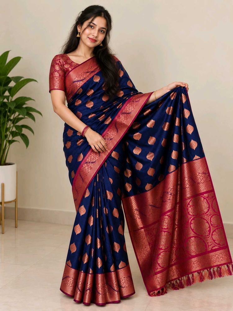Elegant Blue &amp; Red Silk Saree