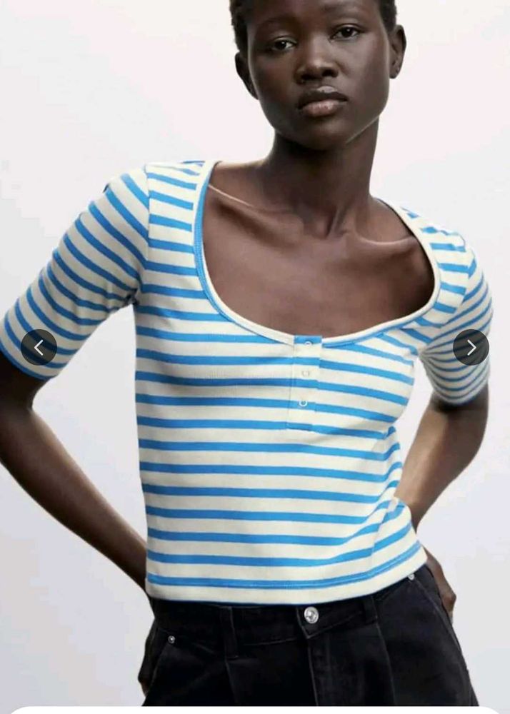 MANGO Striped 3/4 Sleeve Top