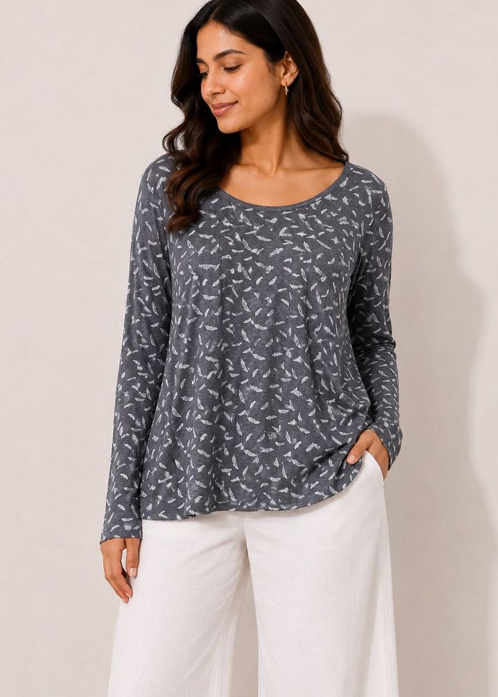 Gray Feather Print Long Sleeve Top