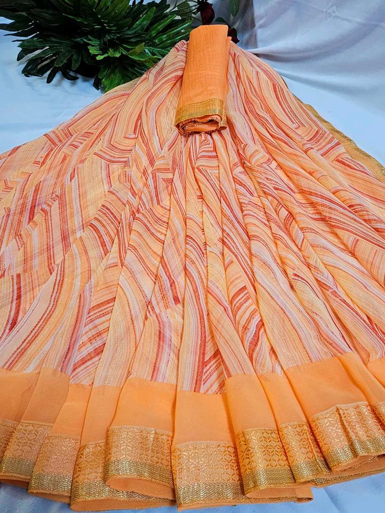 Elegant Orange colour Striped Saree with blouse