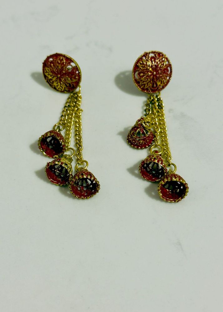 Elegant Red &amp; Gold Dangle Earrings