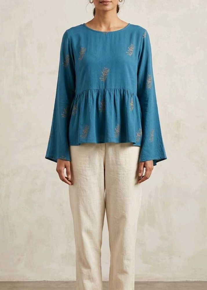 Blue Printed Top Bell Sleeve