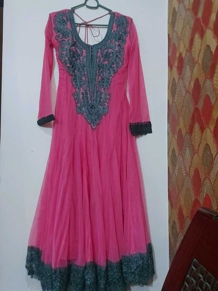 Net Pink Anarkali Full Party Suit.