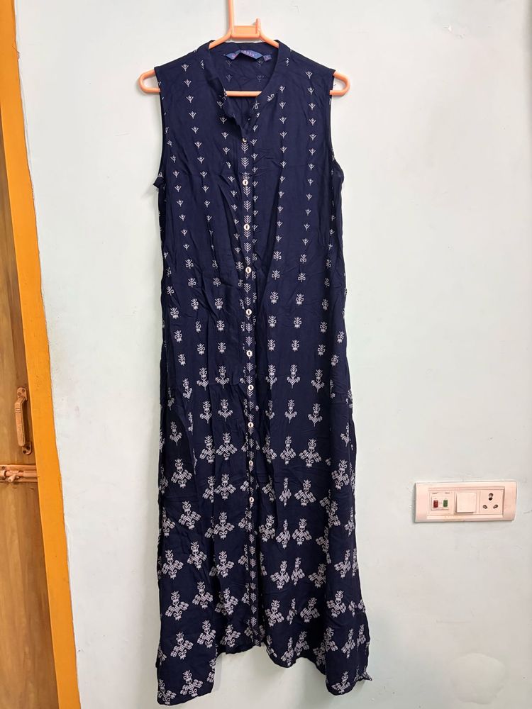 Navy Blue Printed Sleeveless Kurta