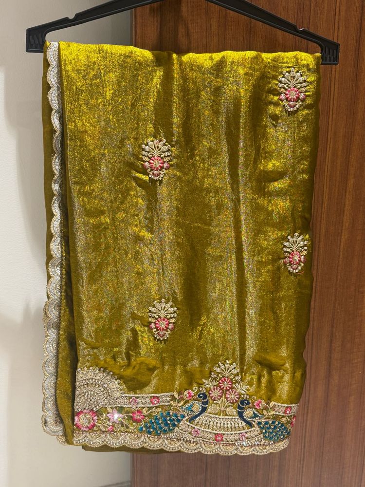 Exquisite Olive Green Embroidered Saree