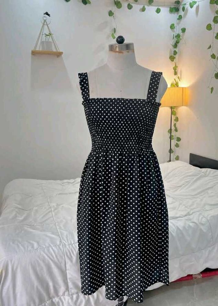 Black &amp; White Polka Dot Smocked Dress