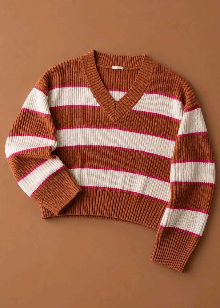 RUST &amp; WHITE STRIPED V-NECK SWEATER