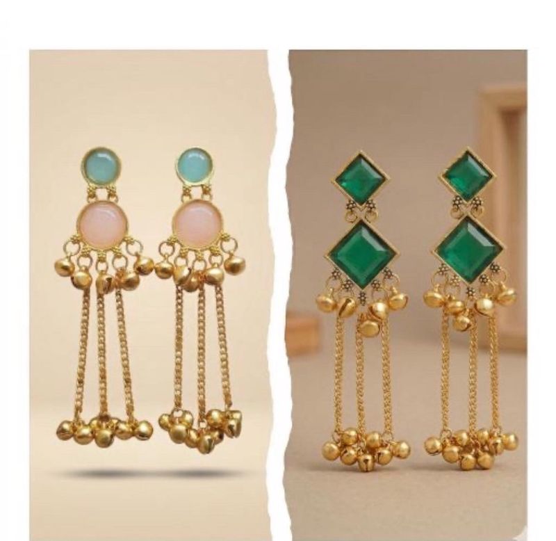 Kashmiri Gungro jumka Green Geometric and Pink Ova
