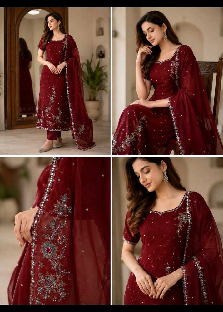 Embellished Red Kurta Set