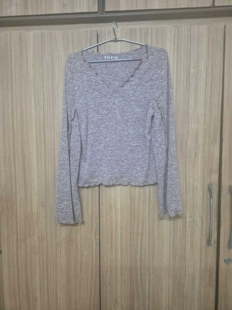 Gray V-Neck Long Sleeve Top